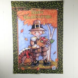 Mary Englebreit Happy Thanksgiving Yard Garden Flag Fall Autumn Pilgrim 28 x 40